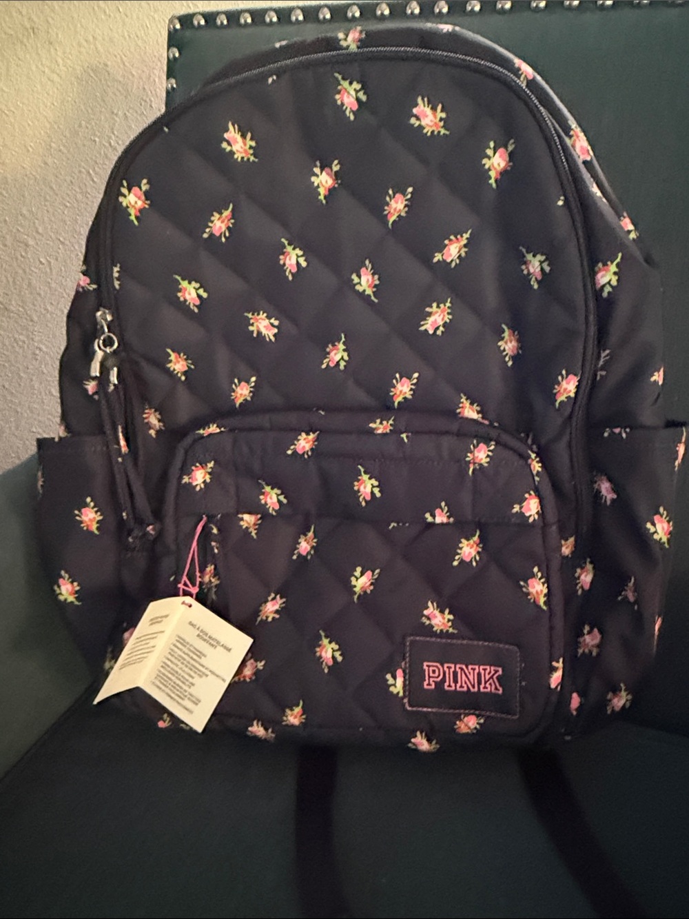 PINK Victoria's Secret navy  Quilted Backpack with Pink Floral Print nwt